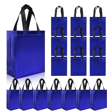 cabzymx 18 Pcs Glossy Blue Small Gift Bags 8 x 39 x 98 In Reusable Goodie Bag Bulk with Sturdy Base Nonwoven Holiday Gift Bags for Birthday Wedding Party Easter