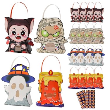 CcXxMming 30 PCS Halloween Treat Boxes with Handles and Stickers 4 Designs Ghost Mummy Vampire Candle Medium Size Halloween Candy Gift Boxes and Goodie Bags with Transparent Window Party Favors