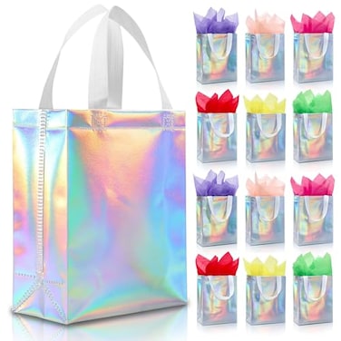 KeerxunBag 12pcs Reusable Gift BagsIncludes Tissue Paper Gift bag with handle Birthdays Parties Holidays Weddings Medium 10x4x8in colorful