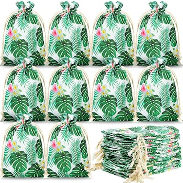 Saintrygo 20 Pcs Tropical Gift goodie Bags Hawaii Luau Party Favor Drawstring Palm Leaf Candy Bags 4 x 6 Inch