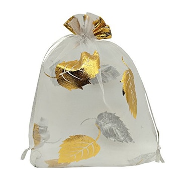 Ankirol 100pcs Sheer Organza Favor Bags 5x7 inch Wedding Baby Shower Drawstring Pouches white gold leaf