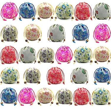 EAVOQLB 28 PCS Brocade Bag Peony Flower Bag Drawstring Double Drawstring Jewelry Bracelet Bag Coin Bag