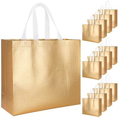 Rikkmte 12pc Reusable Gift Bags Gold Glossy Tote with Handle Nonwoven Foldable Bridesmaids Bags for Wedding Birthday Party