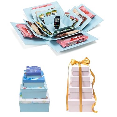 CHARMGIFTBOX 8 Pack Gift Boxes with Lids 4 Surprise Gift Box Explosion and 4 Paper Square White Nesting Gift Boxes Exploding Box Set for Boyfriend Husband Son Birthday Party Favor Boxes BluePink