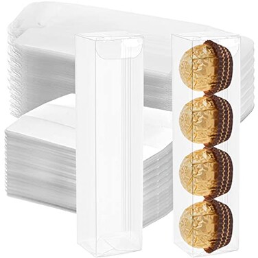 DEAYOU 50 PCS Clear Favor Boxes Small Transparent Candy Gift Box Plastic Rectangle Chocolate Packaging Box with Insert for Truffle Mini Macaron Wedding Party Gift Wrapping 62 x 14 x 13