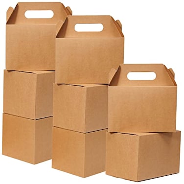 Shallive 50 Pcs Large Treat Boxes 9x6x6 Inch Brown Gable Gift Boxes with Handle Kraft Lunch Boxes Recycled Paper Gift Bags Take Out Cookie Boxes Welcome Boxes Candy Bags For Wedding Supplies
