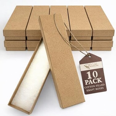 RJ Displays 10 Pack Bracelet Jewelry Boxes Brown Kraft Cotton Filled Gift Box with Lid Small Jewelry Gift Box for Necklace Watch Bracelet Display Packaging Boxes 8 x 2 x 1 Inch
