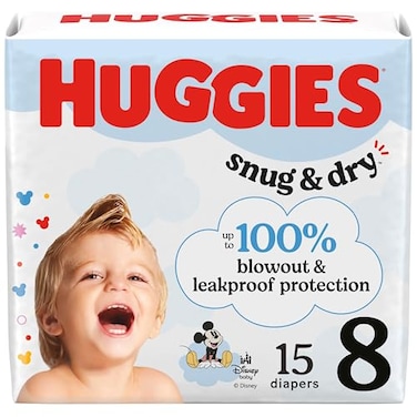 HUGGIES Huggies Size 8 Diapers Snug Dry Baby Diapers Size 8 46 lbs 15 Count Packaging May Vary