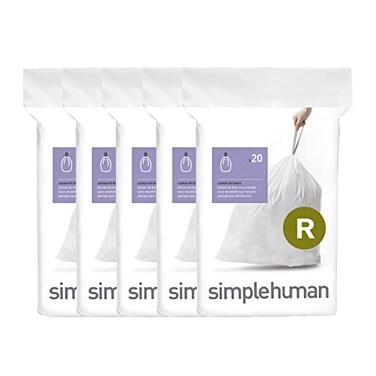 simplehuman Code R 100 Count Custom Fit Liners Drawstring Kitchen Trash Bags OnebyOne MessFree Dispense Extra Thick Double Seamed 50 PCR Plastic 910 Liter 26 Gallon White