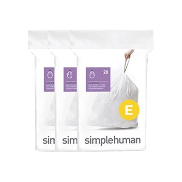 simplehuman Code E 60 Count Custom Fit Liners Drawstring Kitchen Trash Bags OnebyOne MessFree Dispense Extra Thick Double Seamed 50 PCR Plastic 20 Liter 53 Gallon White