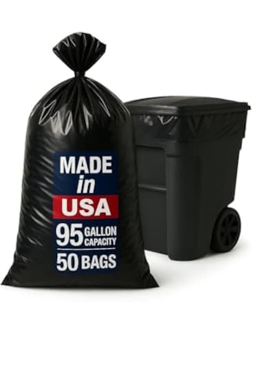 MaxiMite 9596 Gallon ExtraLarge Black Garbage Can Liners HeavyDuty Trash Bags 50 Bags 15 Mil Thick Ideal for Commercial Home Use