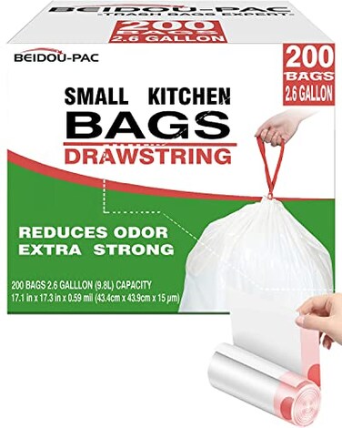 BEIDOU-PAC BEIDOUPAC Trash Bags 26 Gallon 200 Count Drawstring Odorless Extra Thick White Plastic Food Scrap Bag for Home Office Bathroom Kitchen Bins