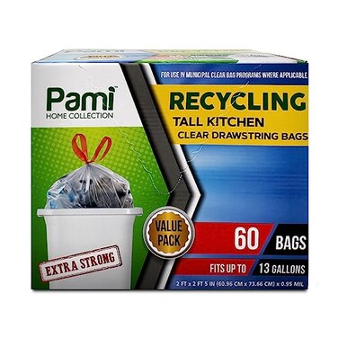 PAMI Recycling Tall Kitchen Drawstring Trash Bags ExtraStrong Plastic Garbage Bags Thick Trash Can Liners For Kitchen Outdoor Bins 2ft x2ft Unscented Trash Bags 13 Gallon 60 Count Clear
