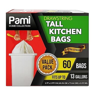 PAMI Tall 13Gallon Kitchen Drawstring Trash Bags 60 Pack White ExtraStrong Plastic Garbage Bags Thick Trash Can Liners For Kitchen Bathroom Outdoor Bins 2ft x2ft Unscented Trash Bags