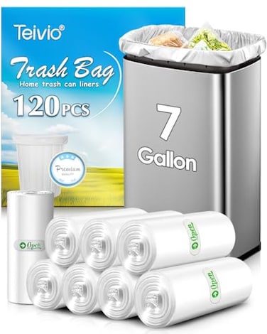 Teivio 7 Gallon 120 Counts Medium Garbage Bags 6 Gallon 7 Gallon Trash Bags Waste Basket Liner Bathroom Trash Can Bin Liners Plastic Bags for home office kitchen Clear
