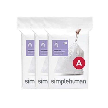 simplehuman Code A 90 Count Custom Fit Liners Drawstring Kitchen Trash Bags OnebyOne MessFree Dispense Extra Thick Double Seamed 50 PCR Plastic 45 Liter 12 Gallon White