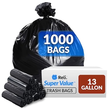 Reli. Reli 13 Gallon Trash Bags 1000 Bags Black Tall Kitchen Strong Garbage