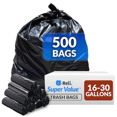 Reli. Reli 1625 Gallon Trash Bags 500 Bags Black Home Kitchen Strong Garbage
