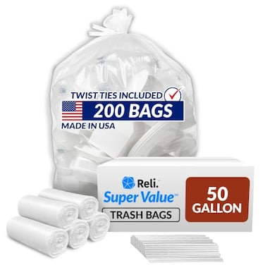 Reli. Reli 50 Gallon Trash Bags Heavy Duty 200 Trash Bags with Ties Super Sizeable Clear Serious Garbage Cleanup
