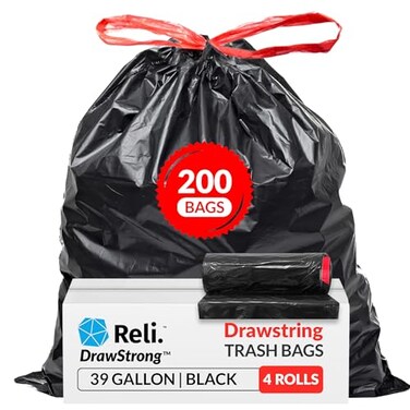 Reli. Reli 39 Gallon Trash Bags Drawstring 200 Count Bulk Large 39 Gallon Heavy Duty Drawstring Trash Bags Black Garbage 39Gal Capacity Lawn Leaf 39Gal