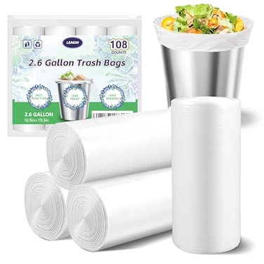 LEAGIM Small Trash Bags 26 Gallon108 Count LeakageProof Strong Small Mini Garbage Bags for Bathroom Bedroom Office White Small Trash Can Liners