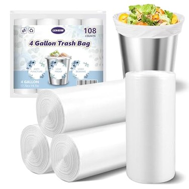 LEAGIM Small Trash Bags 4 Gallon 108 Count LeakageProof 4 Gallon Trash Bag Small Garbage Bags for Office Bedroom Bathroom Mini Trash Bags Unscented White 15L Small Trash Can Liners