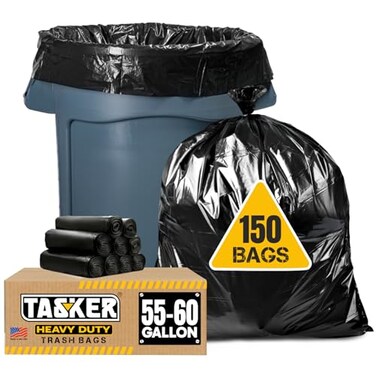 Tasker 5560 Gallon Trash Bags Heavy Duty Mega ValuePack 150 Bags Large Black Garbage Bags for Office Commercial Outdoor Lawn and Leaf