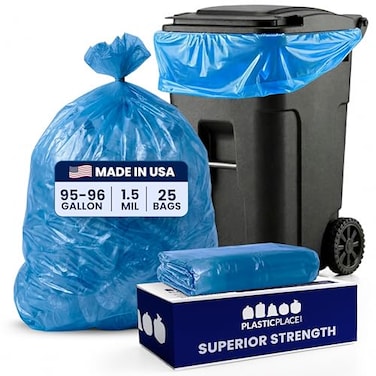 Plasticplace 95 Gallon Recycling Trash Bags 61W x 68H 15 Mil Blue 25 Count Pack of 1
