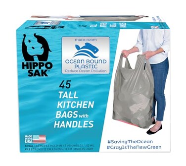 Hippo Sak Tall Kitchen Garbage Bags with Ergonomic Handles 13 Gallon Trash Bags Made from Recycled Ocean Bound Plastic Super Strong and Leak Proof Tall Kitchen Trash Bags 45 Count