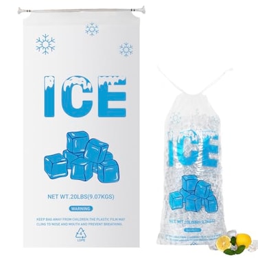 Belinlen 100 PACK 20 lb Plastic Ice Bags with Cotton Draw String 14 x 28 Inch HeavyDuty Plastic Ice Storage Bags with Draw String 28mil Thickness Ice Cube pattern