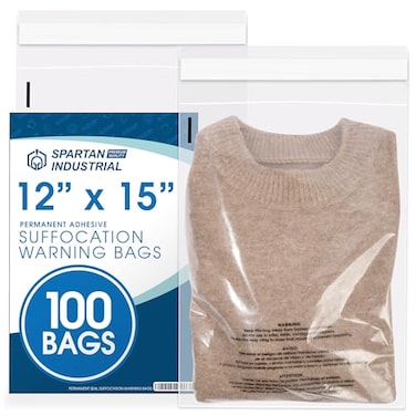 Spartan Industrial 12 X 15 100 Count Self Seal Clear Poly Bags with Suffocation Warning for Packaging T Shirts Shipping Permanent Adhesive