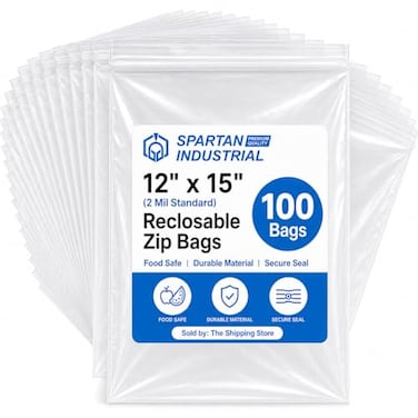 Spartan Industrial 12 X 15 100 Count 2 Mil Clear Reclosable Zip Plastic Poly Bags with Resealable Lock Seal Zipper