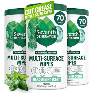 Seventh Generation MultiSurface Wipes 70 Count Pack of 3 Garden Mint PlantBased Cleaning Wipes No Harsh Fumes or Residue Safe Around Kids