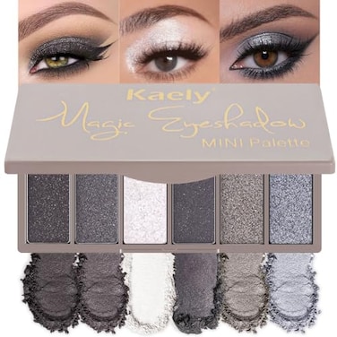 evpct 6 Colors Smokey Grey Eyeshadow Palette Black Smoky Gray White Silver Taupe Glitter Sparkle Shimmer Matte High Pigment Mini Travel Eye shadow Palette Makeup for older Women Long Lasting