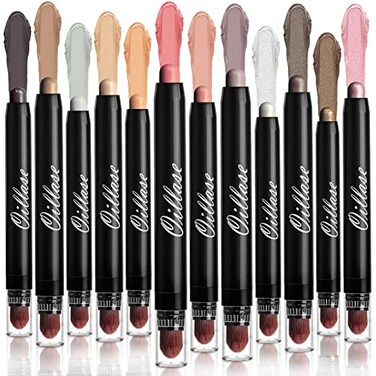 Oillase 12 PCS Eyeshadow Stick Set With Smudge Proof Primer Base Glitter Shimmer and Matte PenPencil Crayon Soft Brush Cream Eye Shadow Makeup