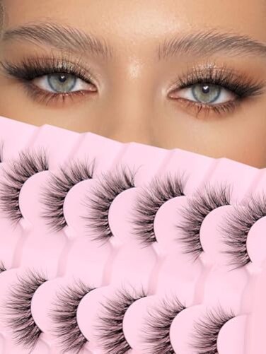 Siligli Natural Cat Eye Lashes Wispy Eyelashes 14mm Lightweight False Eyelashes 3D Volume Natural Lashes 01mm Thin Cotton Band Lash Strips Pack C Curl Soft Eyelash 7 Pairs