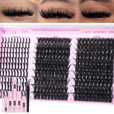 EYDEVRO Lash Clusters with Spikes Wispy Eyelash Clusters Kit 1220mm Spikes Lash Clusters 1018mm 80D 100D Volume Cluster Eyelash Extensions Cluster Lashes Kit Individual Lashes Lash Bond and Seal