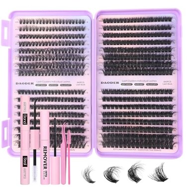 DAODER Fluff Lash Clusters Kit 640pcs 40D100D Mega Volume Cluster Eyelash Extensions D Curl Wispy DIY Individual Lash Extensions Kit 916mm with Bond and Seal