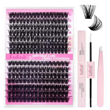 FADLASH Lash Extension DIY Kit Volume Fluffy Lash Clusters D Curl Cluster Lashes with Lash Bond and Seal Lash Tweezers for DIY Eyelash Extension at Home for Self UseKit 80D100D007D1218MIX