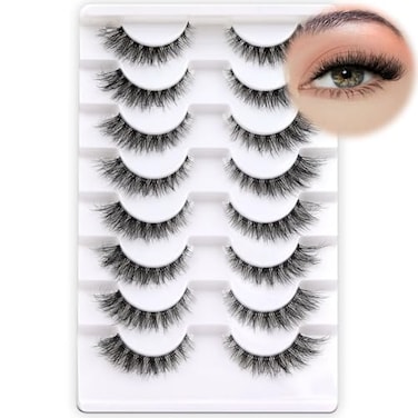Fyonas Cat Eye Lashes Wispy False Eyelashes 514mm Short Fake Lashes Natural Look D Curl Strip Lashes with Clear Band 8 Pairs Soft Fluffy Lashes Pack CT01