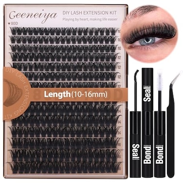 Geeneiya Volume Lash Clusters Kit DIY Lash Extension Kit D Curl Eyelash Extensions with Waterproof Lash Bond and Seal Waterproof Tweezers1016MM Cluster Lashes 300Pcs