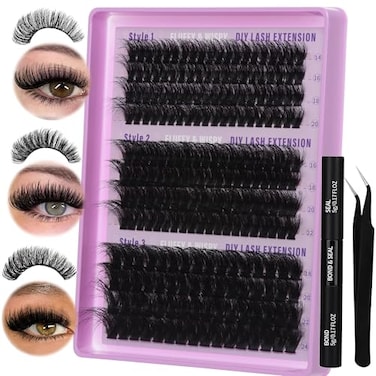FOINEMYED Lash Extension Kit 1424mm Lash Clusters Kit 60D80D100D Thick Volume Eyelash Extension Kit D Curly DIY Individual Lashes 3 Style Lashes with Waterproof Lash Bond and Seal and Tweezers