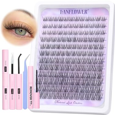 LANFLOWER Lash Extension Kit Natural Lash Clusters Kit Wispy Eyelash Extension kit with Lash Bond and Seal and Lash Remover Eyelash Clusters Kit C Curved Individual Lashes by Lanflower