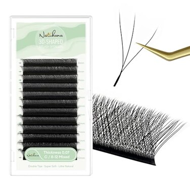 NATUHANA Eyelash Extensions 007 C Curl 812mm W Shaped Clover Classic Easy Fan Permanent Volume Lash Extensions Automatic Blooming Flower LashProfessional Supplies for Lash Techs3D007C812 Mix