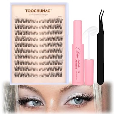 TOOCHUNAG Eyelash Clusters Lash Extension Kit Natural Cluster Eyelash Extensions Wispy Individual Lashes Clusters Kit with Clear Lash Glue and Eyelash Clusters Tweezers180pcs