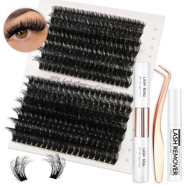 Vznffur Fluffy Lash Extension Kit 280Pcs Thick Eyelash Extension Kit 80D 100D Mix 1018mm Volume Cluster Lashes with Bond and Seal Tweezers Cluster Remover