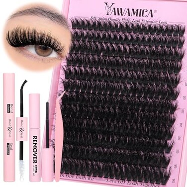 Yawamica Fluffier Lash Clusters Kit with Remover Wispy Cluster Eyelash Extensions 1220mm Eyelash Clusters 200D Volume Lash Extension Kit D Curly Cluster Lashes with Bond and Seal Remover Tweezers