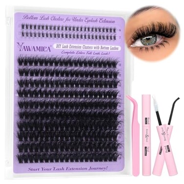 Yawamica Yawmaica Lash Clusters Kit with Bottom Lashes Wispy Eyelash Extension Kit 200D Volume Eyelash Clusters 1220mm D Curly Individual Lashes DIY Lash Extension Kit with Lash Bond and Seal Lash Twe