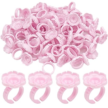 Mekupeu 100 PCS Disposable Plastic Eyelash Flower Glue Ring Lash Extension Blossom Holder Cup Pink