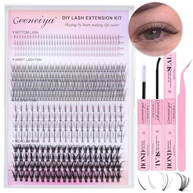 Geeneiya Lash Clusters Kit Individual Lash Extension Kit DIY Multitype D Curl Cluster Eyelash Extension Kit with Bottom Lashes Waterproof Lash Bond and Seal Glue Lash Tweezers 30D 480PCS